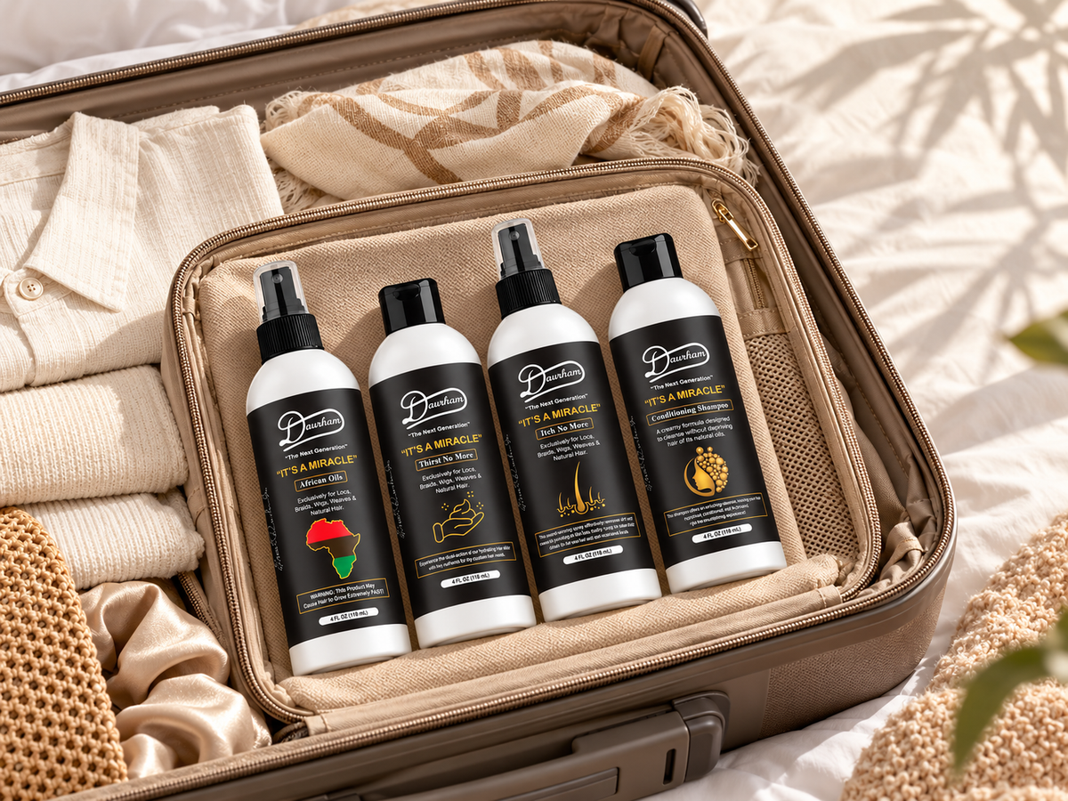 “It’s A Miracle” Travel Kit bottles packed in a suitcase